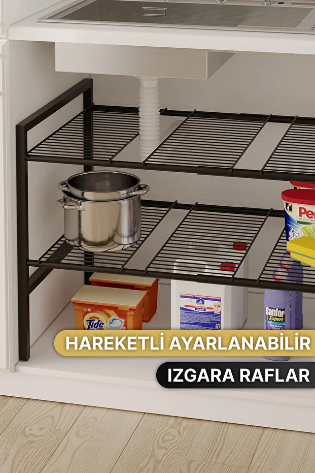 Dolap İçi Tezgah Altı Raf Metal Ayarlanabilir Organizer Mutfak Banyo Çok Amaçlı Düzenleyici